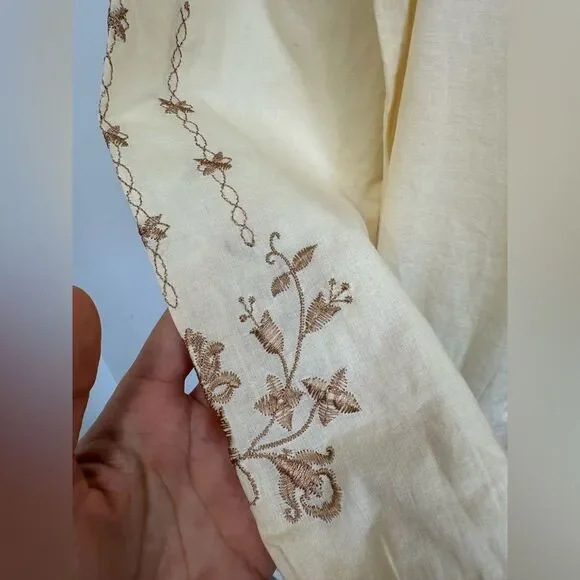 Vintage 90’s Express Beige Boho Embroidered Cotton Midi Long Sleeve Dress XS - Picture 6 of 10